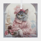 Cat Lover Grijs Kitten Roze Frilly Kleding Glas Ornament (Achterkant)