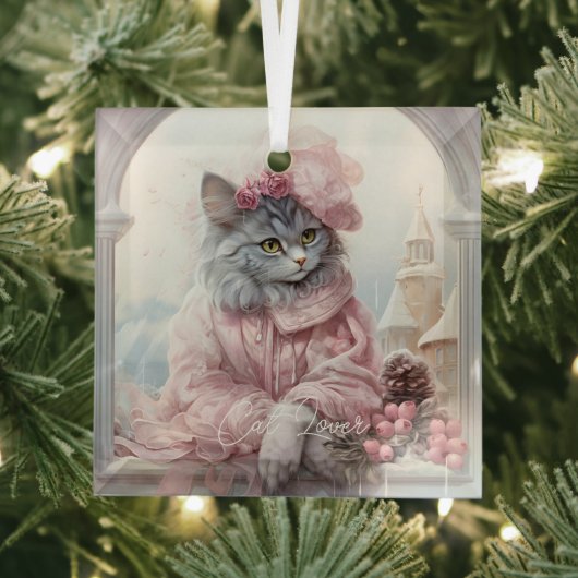 Cat Lover Grijs Kitten Roze Frilly Kleding Glas Ornament (Insitu)