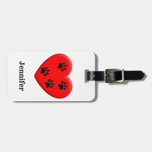 Cat Lover Rood Hart En Paws Aangepaste Naam Bagagelabel (Voorkant horizontaal)