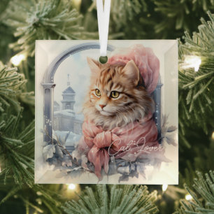 Cat Lover Tabby Kitten Roze Frilly Kleding Glas Ornament