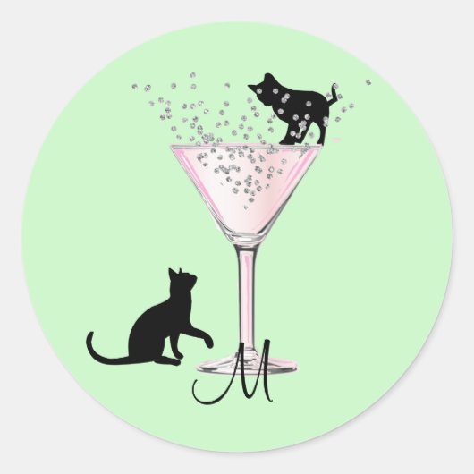 Cat Lovers Bubbles Modern Green Cocktail Monogram Ronde Sticker (Voorkant)