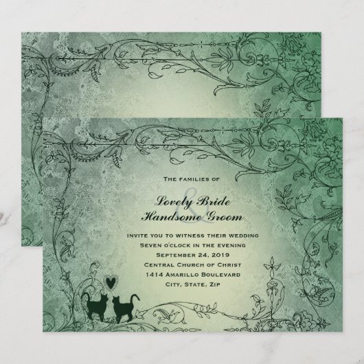 Cat Lovers  Green Vintage Wedding Kaart (Voorkant / Achterkant)