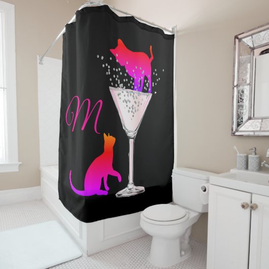 Cat Lovers Pink Black Modern Monogram Douchegordijn (In situ)