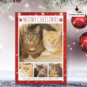 Cat MEOWY KERSTMIS 4 foto's Rode Pawprints Feestdagenkaart