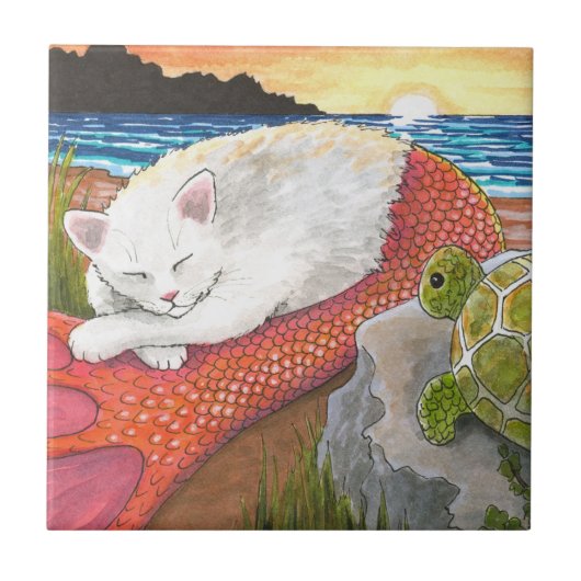 Cat Mermaid 26 Merkitty op strand met schildpad Tegeltje (Voorkant)