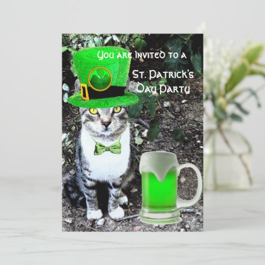 CAT MET GROENE IRISH BEER ST PATRICK'S DAY PARTY KAART (Staand voorkant)