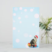 Cat met Kerstmis, lichtorbs op hemelblauw. Briefpapier (Staand voorkant)