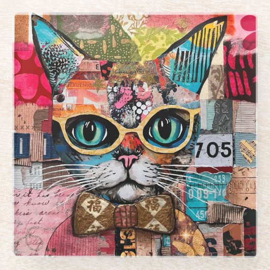Cat Mixed Mixed Paper Collage  Glazen Onderzetter (Voorkant)