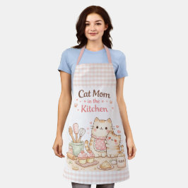 Cat Mom in the Kitchen Kawaii Pastel Gingham Pink Schort