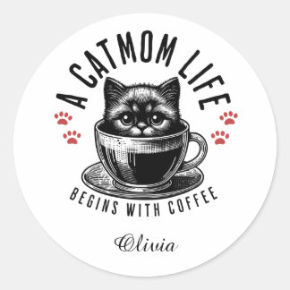 Cat Mom Life Begint met koffie - gepersonaliseerd Ronde Sticker
