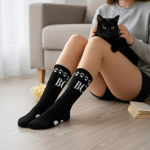 Cat Mom Monogram Zwart-wit Paw Print Sokken