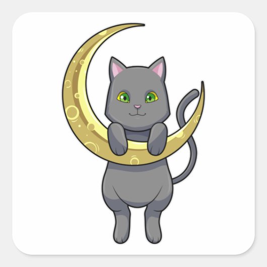 Cat Night Moon Vierkante Sticker (Voorkant)
