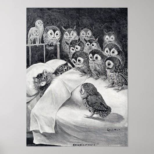 Cat Nightmare Owl Bird, Louis Wain Poster (Voorkant)