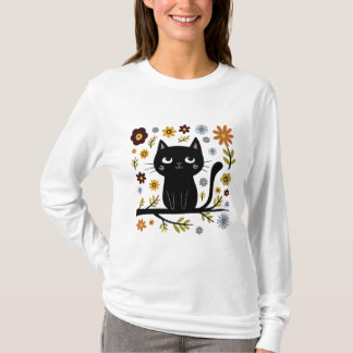 Cat On A Branch Tekening T-shirt met lange mouwen