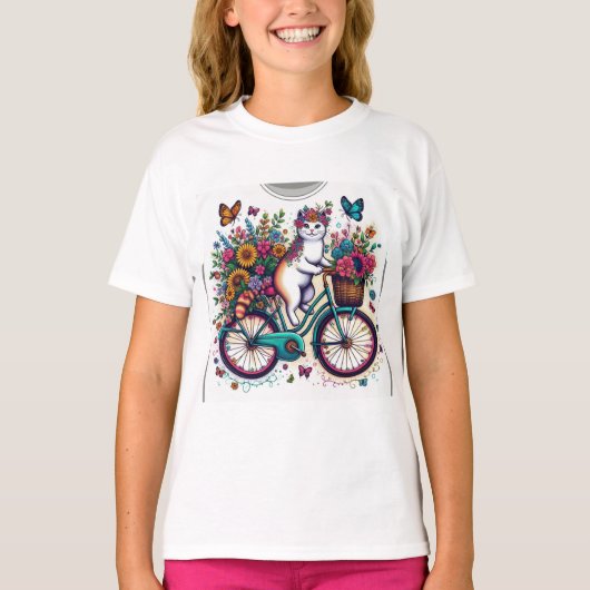 Cat on Bicycle Design T-Shirt (Voorkant)