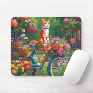 Cat on Bicycle met kleurrijke bloemen Muismat