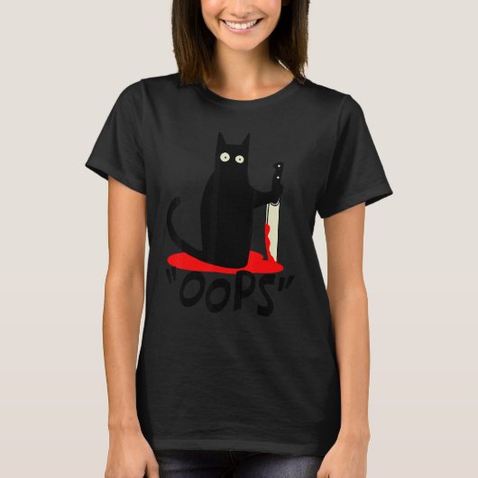 Cat Oops  Black Cat Murderous Cat With Knife Hallo T-shirt (Voorkant)