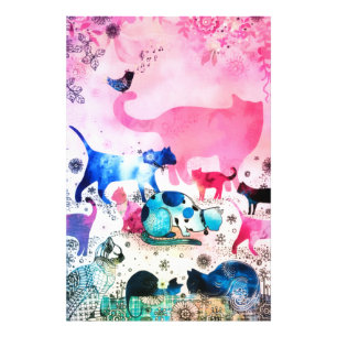 Cat Party House Glitter Art Pink Waterverf Foto Afdruk