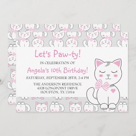 Cat Pattern Birthday Girl Invitation Kaart (Voorkant / Achterkant)
