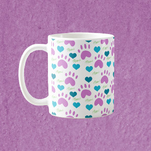 Cat Paw Prints Harten Miauw Patroon Roze Blauwgroe Koffiemok
