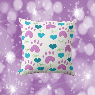 Cat Paws Harten Miauw Patroon Roze Blauwgroen Groe Kussen