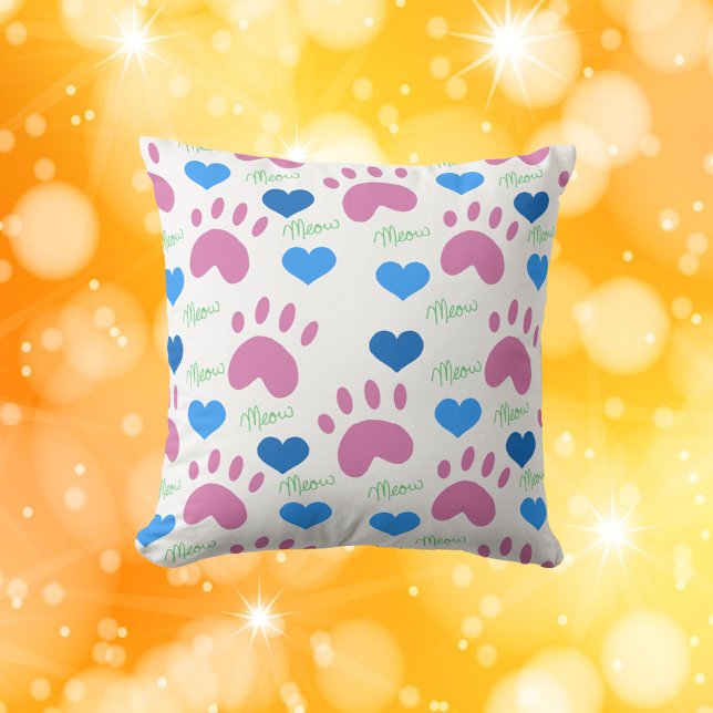 Cat Paws Hearts Meow Hand Drawn Pattern Pink Blue Kussen (A pillow with a pattern of cat paws, hearts and meow in pink, blue and green.)