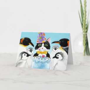 Cat, Penguins, Cake Birthday Card Kaart
