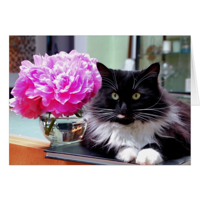 Cat & Peonies-kaart (Voorkant Horizontaal)