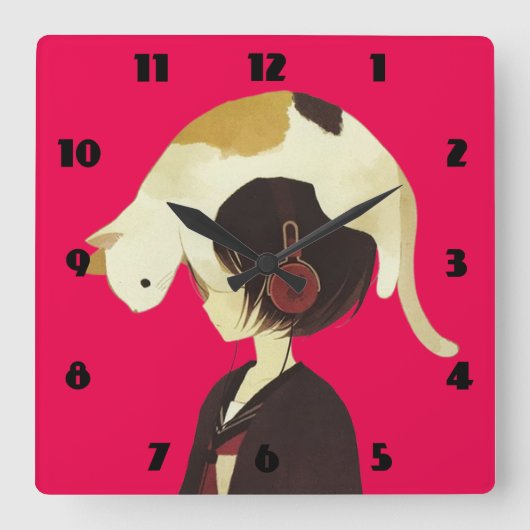 CAT-PET - Anime-kind met kat Vierkante Klok (Voorkant)