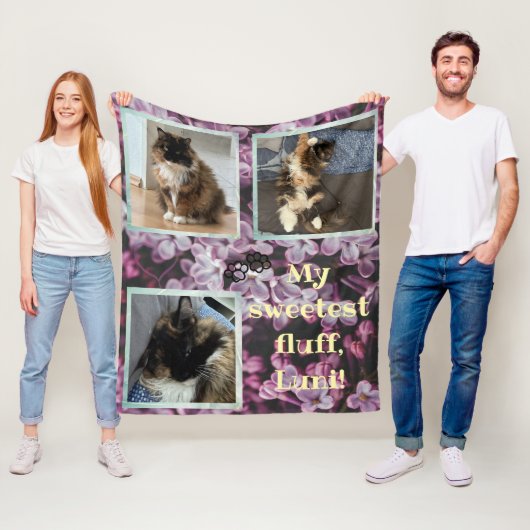 Cat photo collage purple flower Fleecedecke Fleece Deken (In situ)