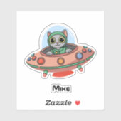 Cat Pilot & UFO ruimteschip, Cool Outer Space, Gra Sticker (Vel)