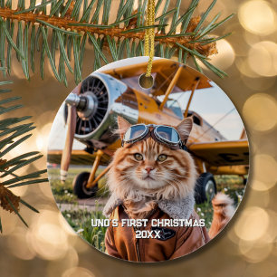 Cat Pilot Vliegtuig Grappige Luchtvaart Foto Kerst Keramisch Ornament