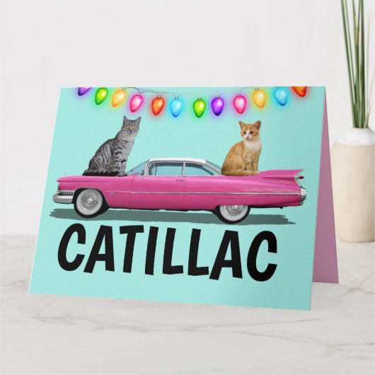 CAT PINK CADDY CLASSIC CAR KERSTMIS KAARTEN (Voorkant)