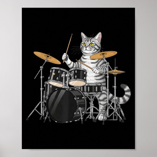 Cat Playing Drums Drumset Drumkit Drumming Drum Dr Poster (Voorkant)