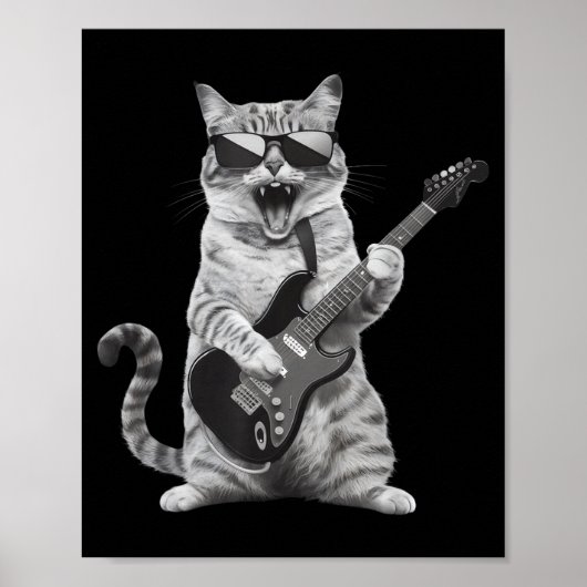 Cat Playing Guitar Rock Star Rock And Roll Men Wom Poster (Voorkant)