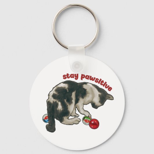 Cat Playing with MARBLES, Stay Pawsitive, Pun Sleutelhanger (Voorkant)