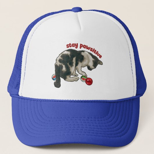 Cat Playing with MARBLES, Stay Pawsitive, Pun Trucker Pet (Voorkant)