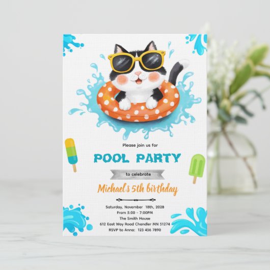 Cat pool party invitation kaart (Staand voorkant)