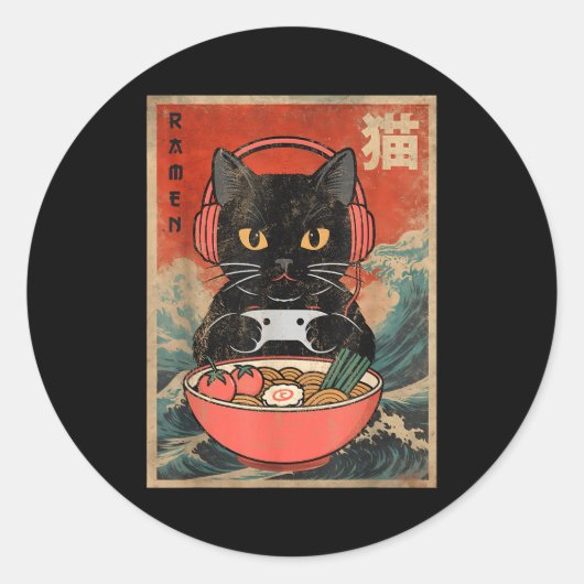 Cat Ramen Japanese Funny Graphic Kawaii Anime Ronde Sticker (Voorkant)