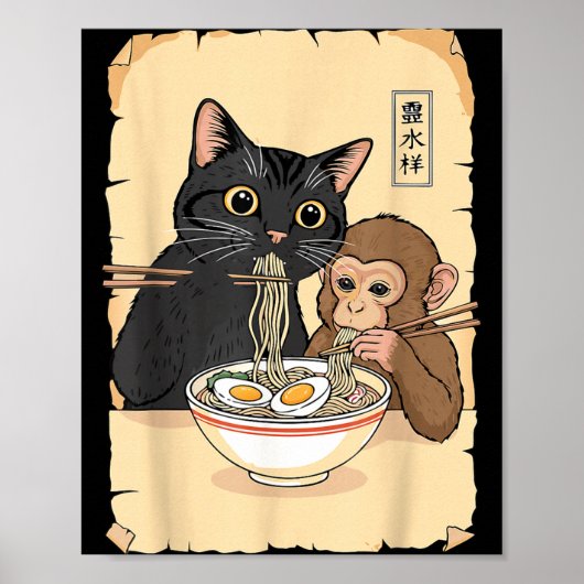 Cat Ramen Monkey Shirt Funny Cat Monkey Eating Ram Poster (Voorkant)