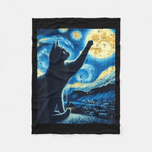 Cat Reaching Moon Starry Night Funny Kitten Men Wo Fleece Deken (Voorkant)