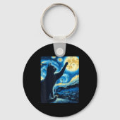 Cat Reaching Moon Starry Night Funny Kitten Men Wo Sleutelhanger (Voorkant)