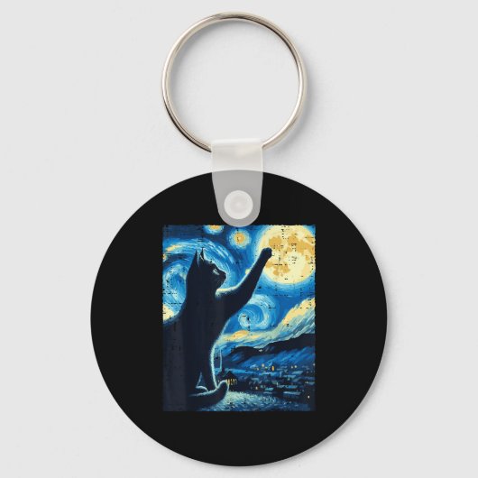 Cat Reaching Moon Starry Night Funny Kitten Men Wo Sleutelhanger (Voorkant)