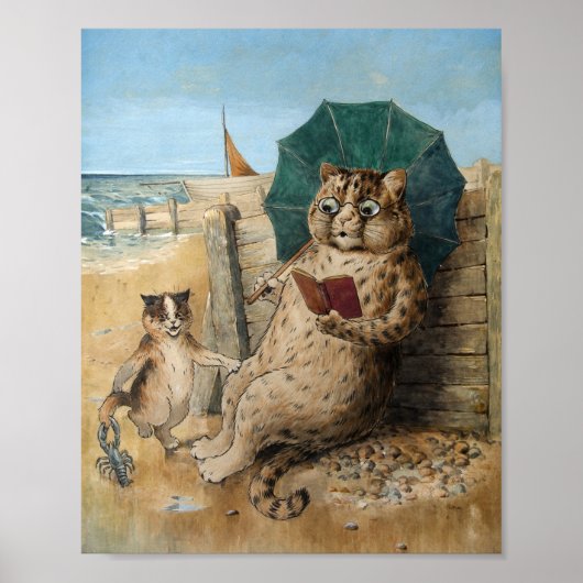 Cat Reading a Book by Louis Wain Poster (Voorkant)