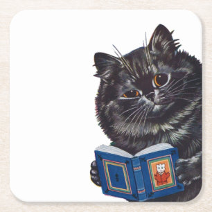 Cat Reading a Book, Louis Wain Vierkante Kartonnen Onderzetter