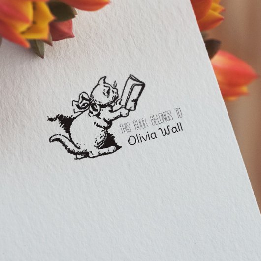  Cat Reading Bookplate Ex Libris Bookish Rubberstempel