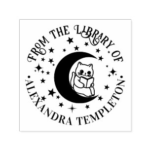 Cat Reading, Crescent Moon Stars Bibliotheek Boekn Zelfinktende Stempel
