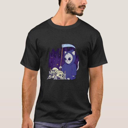 Cat Reaper Duty Cloked Skeleton Grim Reaper T-shirt (Voorkant)