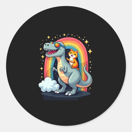 Cat Riding Dinosaur T-Rex Kitten Rainbow Dino Funn Ronde Sticker (Voorkant)