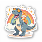 Cat Riding Dinosaur T-Rex Kitten Rainbow Dino Funn Sticker (Voorkant)